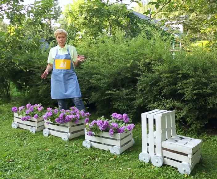 Клумба-паровозик из деревянных ящиков